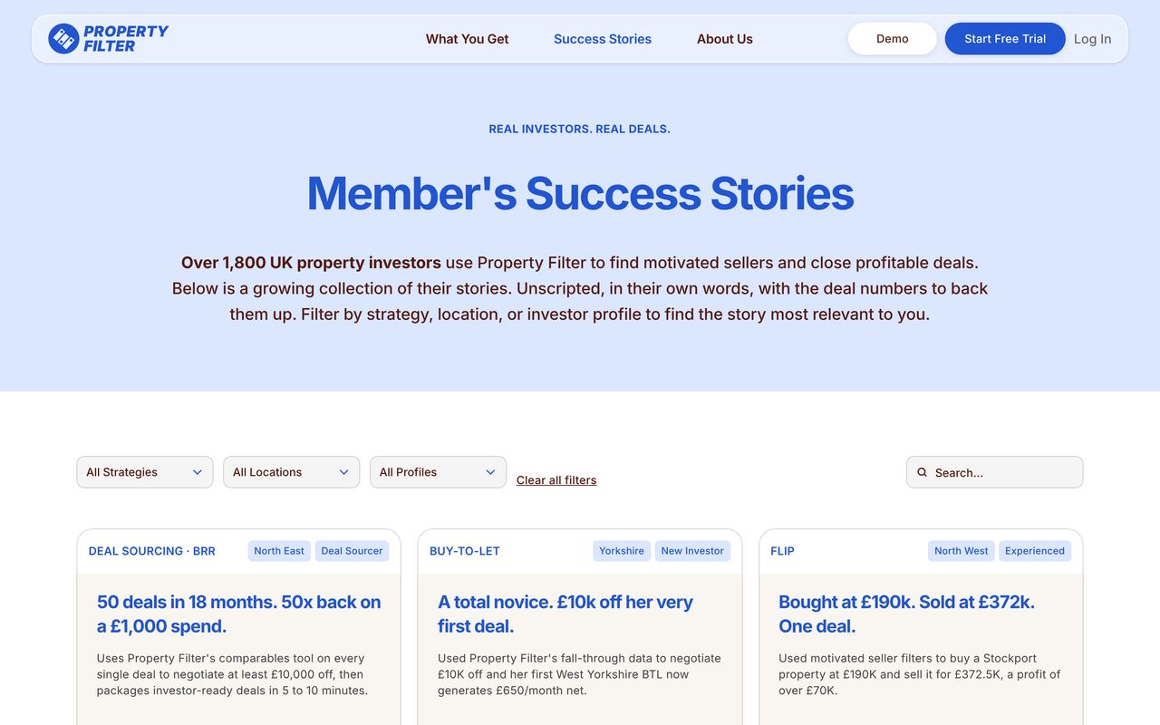 Property Filter member success stories, produced by the content factory, on desktop