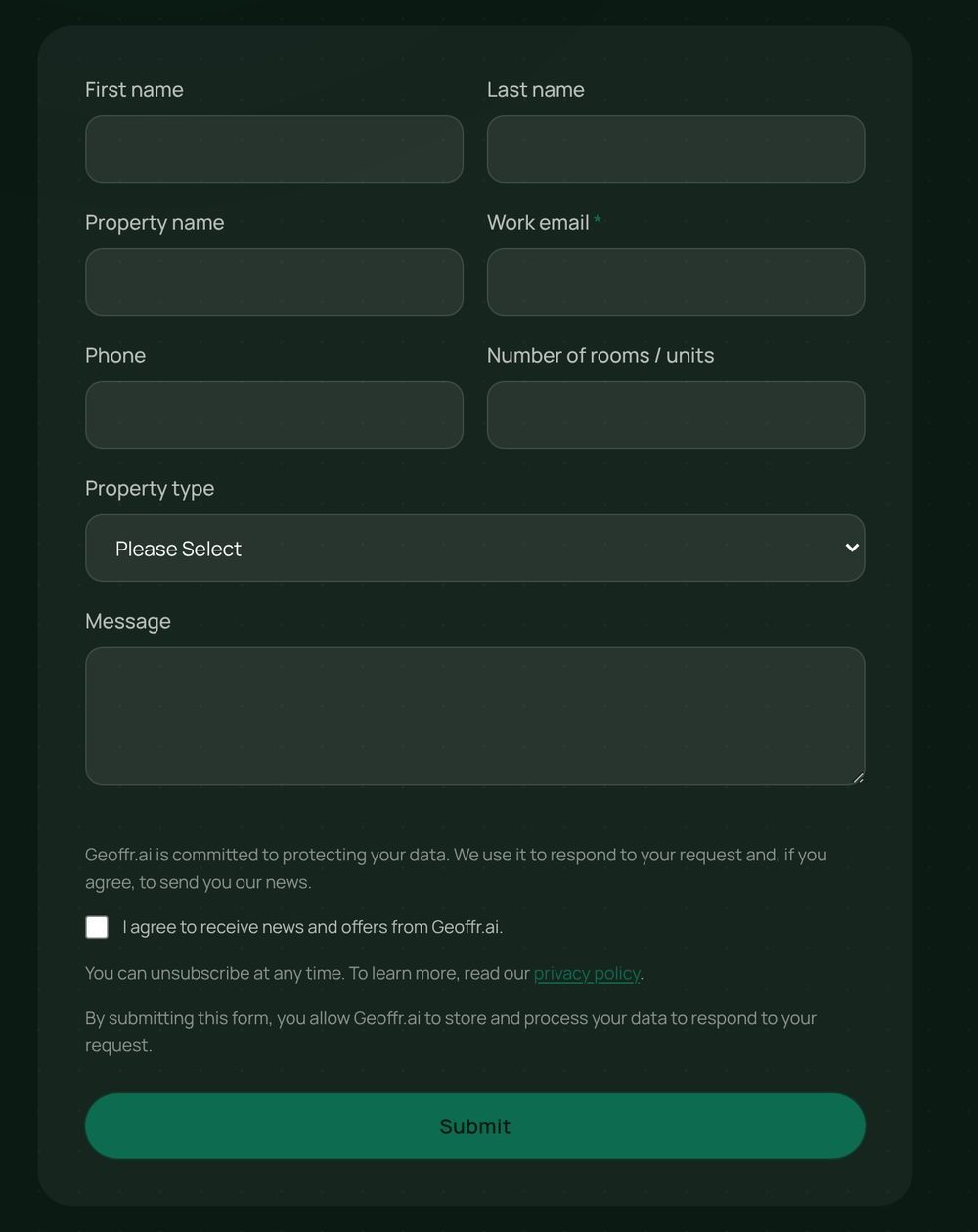 The demo request form on geoffr.ai, with number of rooms and property type fields