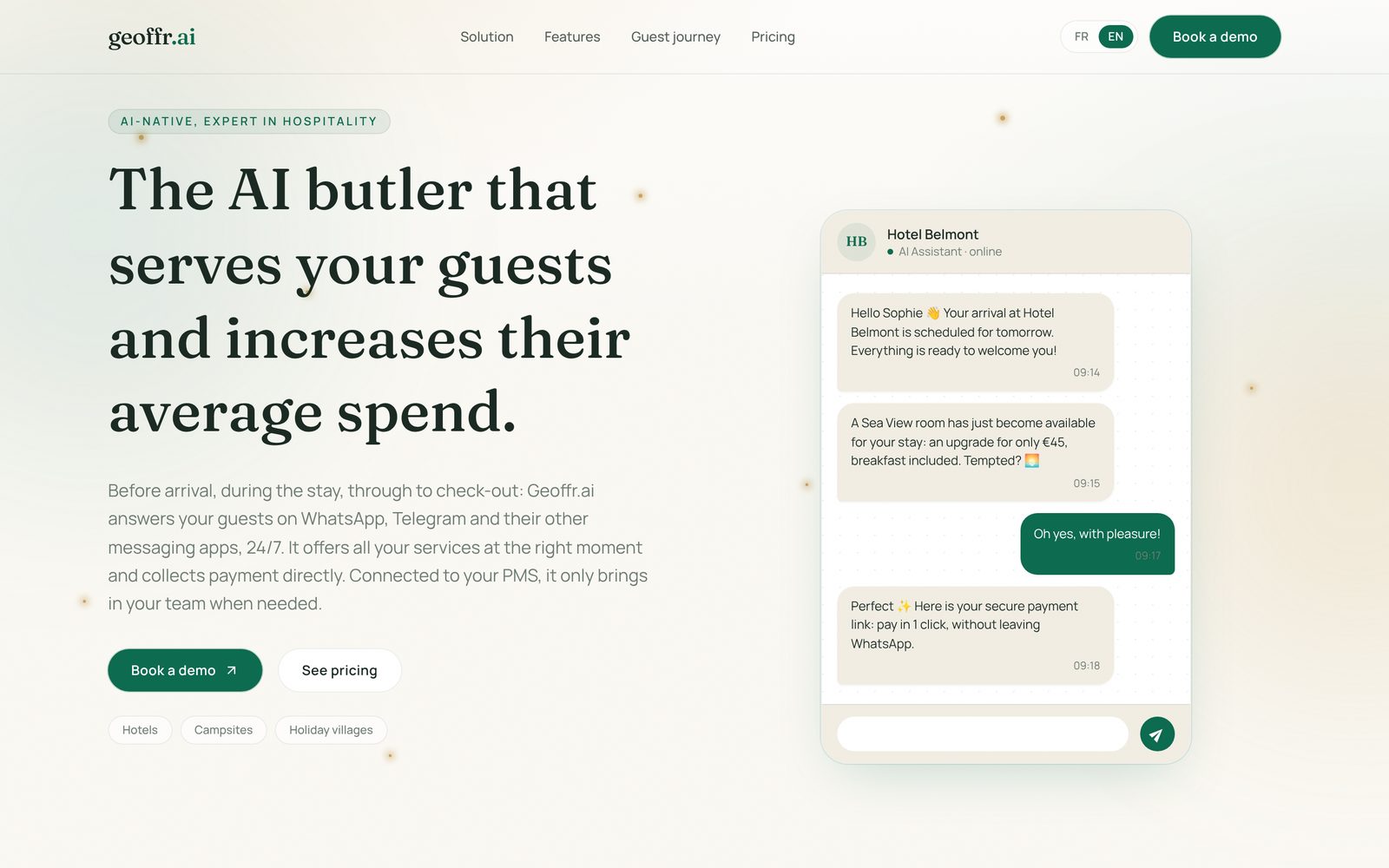 Geoffr.ai English homepage on HubSpot: hero with a WhatsApp conversation between a hotel and a guest