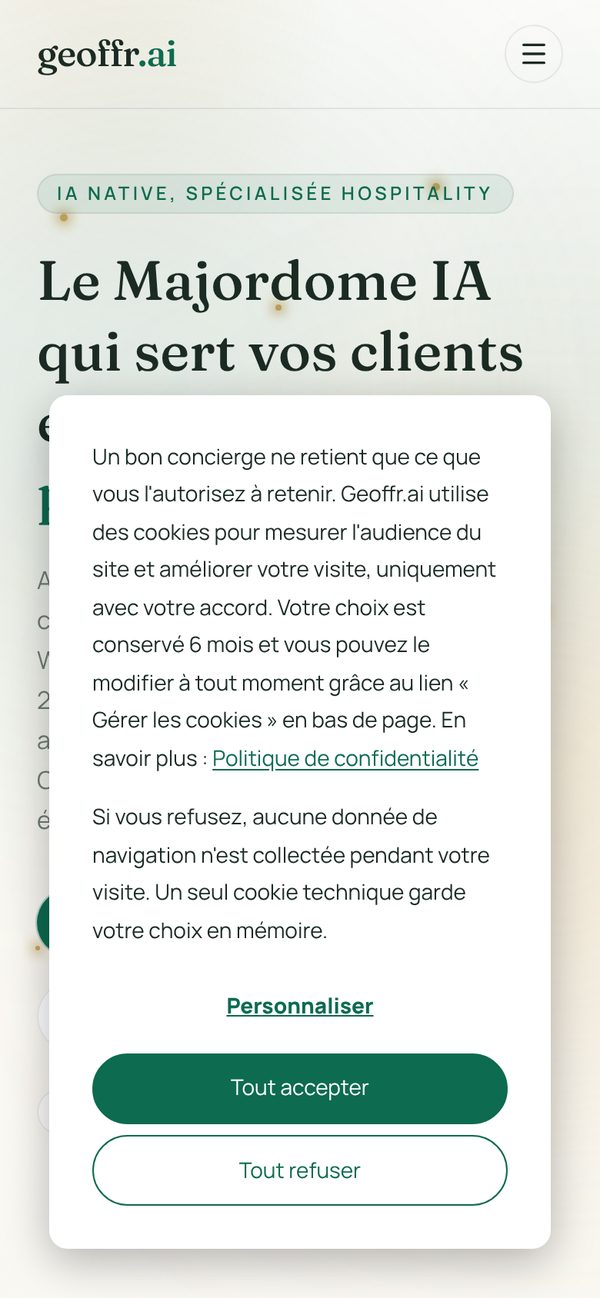 Cookie banner on mobile with Accept all and Reject all at equal weight