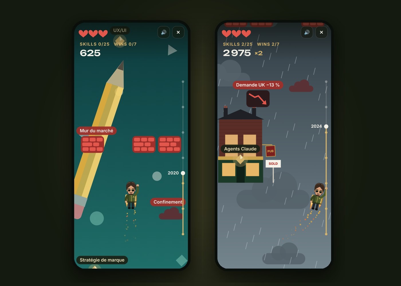 Deux parties sur téléphone : un mur du marché avec une seule ouverture en 2020, puis la pluie, le vent de côté et un pub au coin de la rue à Birmingham en 2024