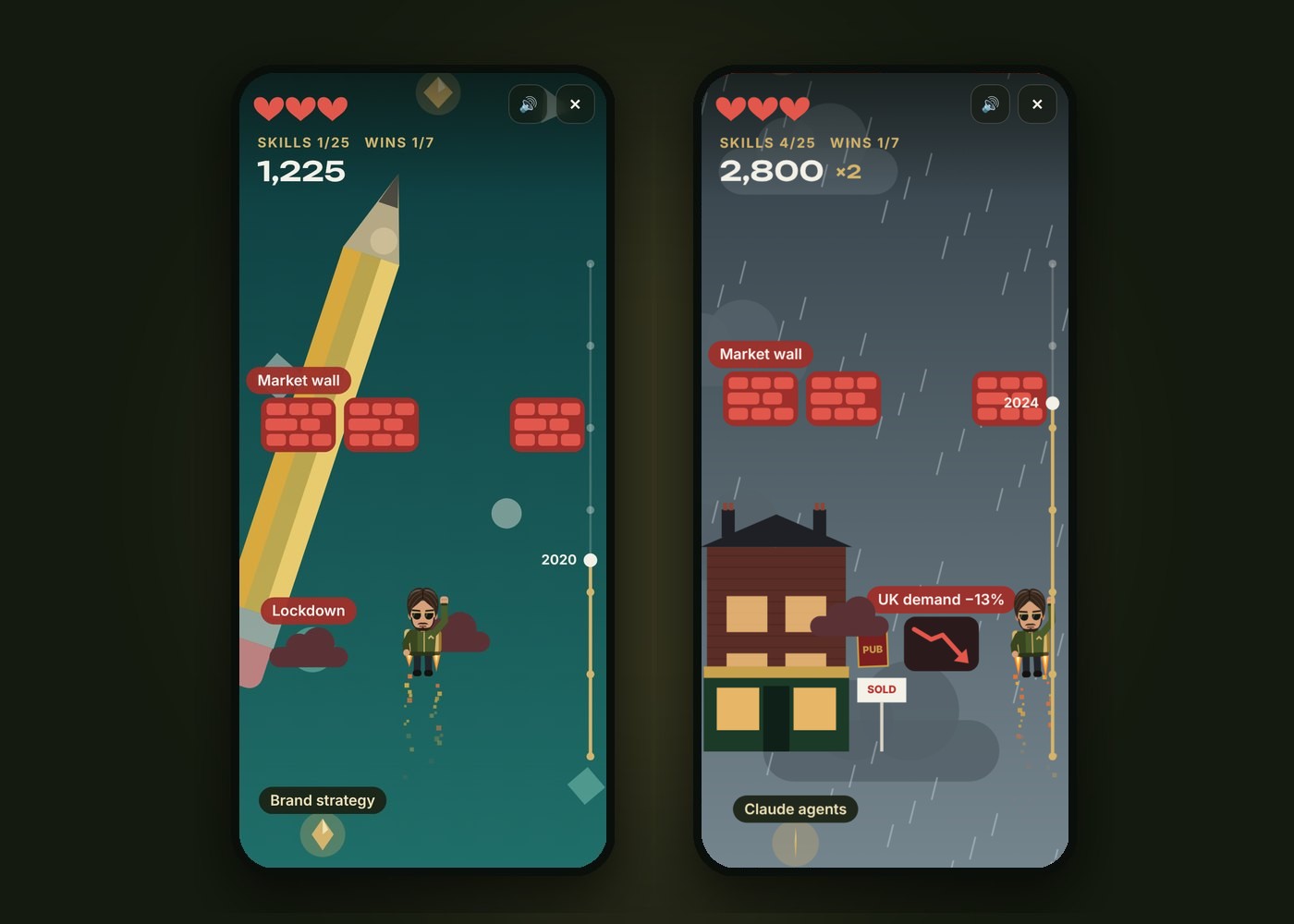 Two runs on a phone: a market wall with one opening in 2020, then rain, crosswinds and a corner pub in Birmingham in 2024