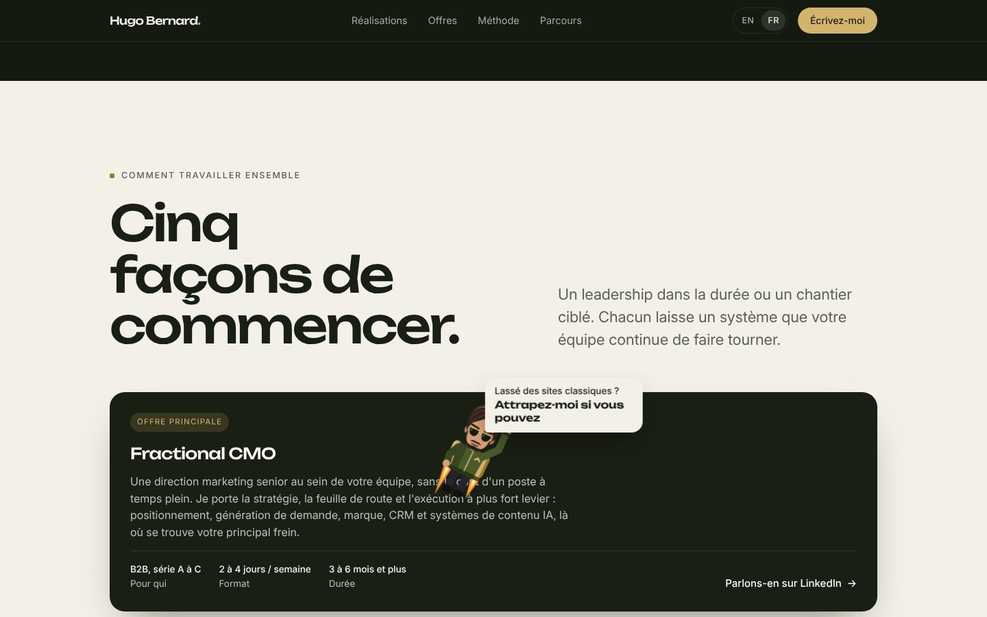 La page d'accueil avec mon avatar sur son jetpack et la bulle : Lassé des sites classiques ? Attrapez-moi si vous pouvez