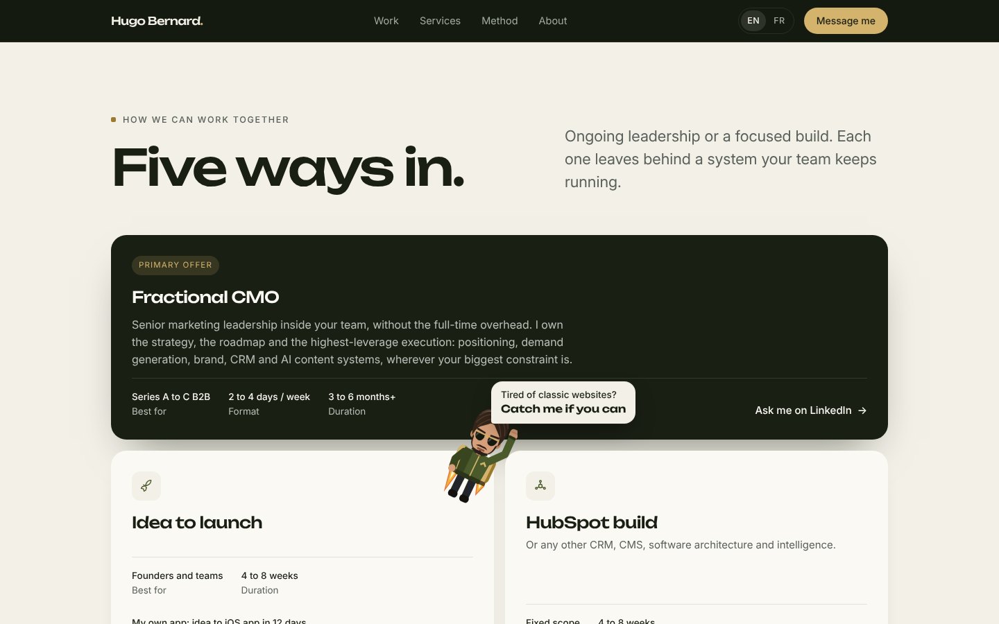 The homepage with my flat avatar on its jetpack and the bubble: Tired of classic websites? Catch me if you can