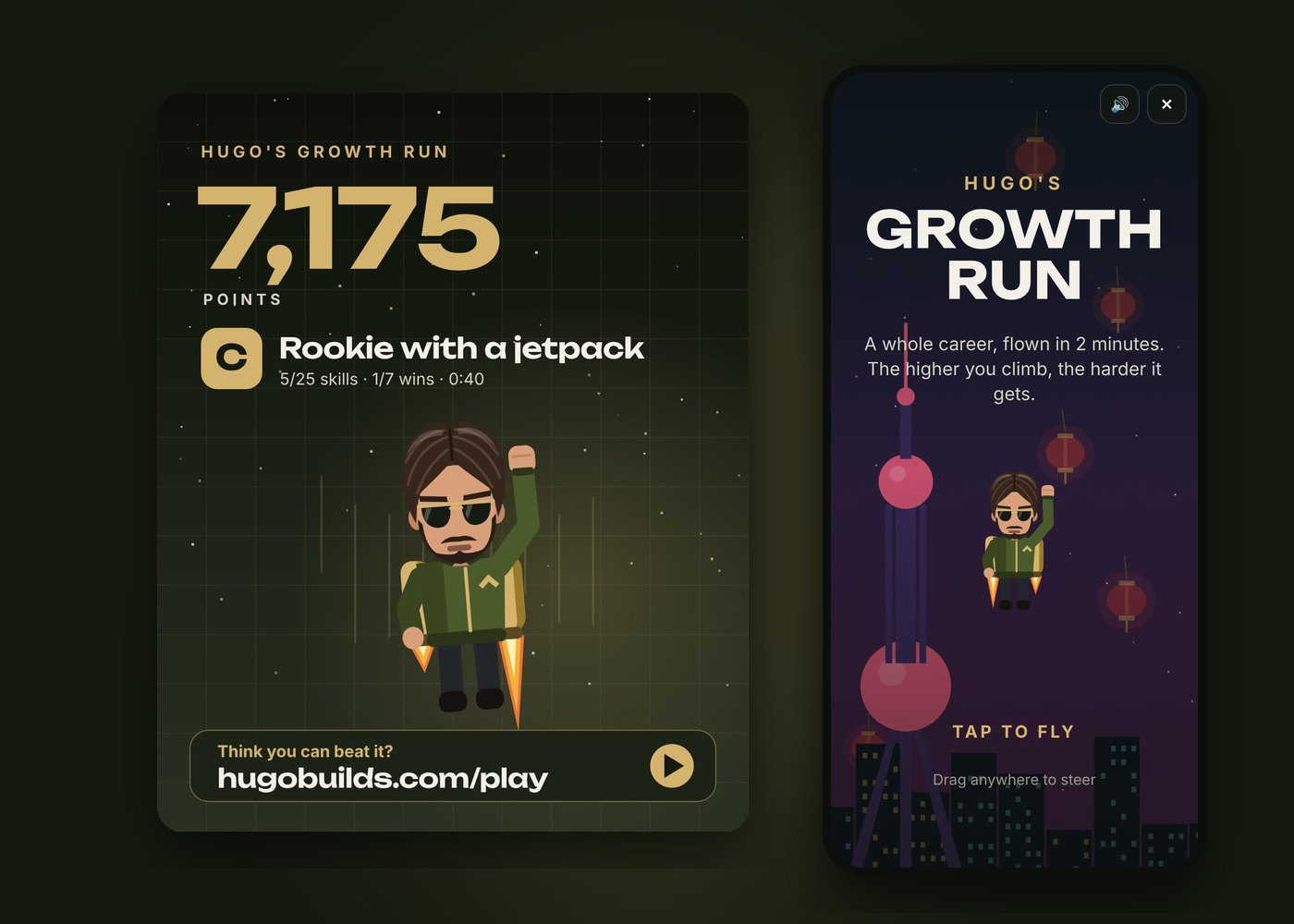 A score card with the points, the rank, my avatar and hugobuilds.com/play, next to the title screen where the challenged friend lands