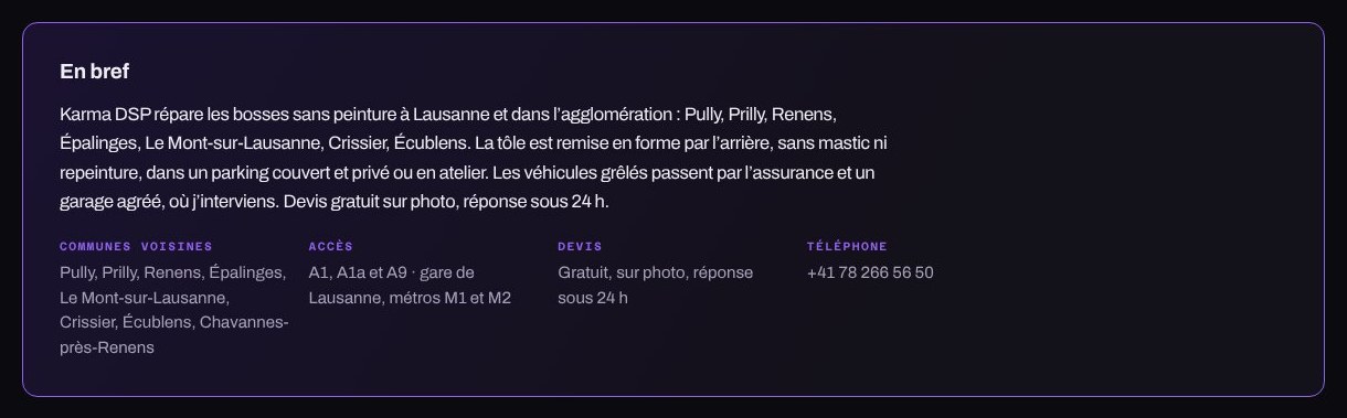 The 'In brief' block on the Lausanne page: neighbouring towns, access, quote and phone