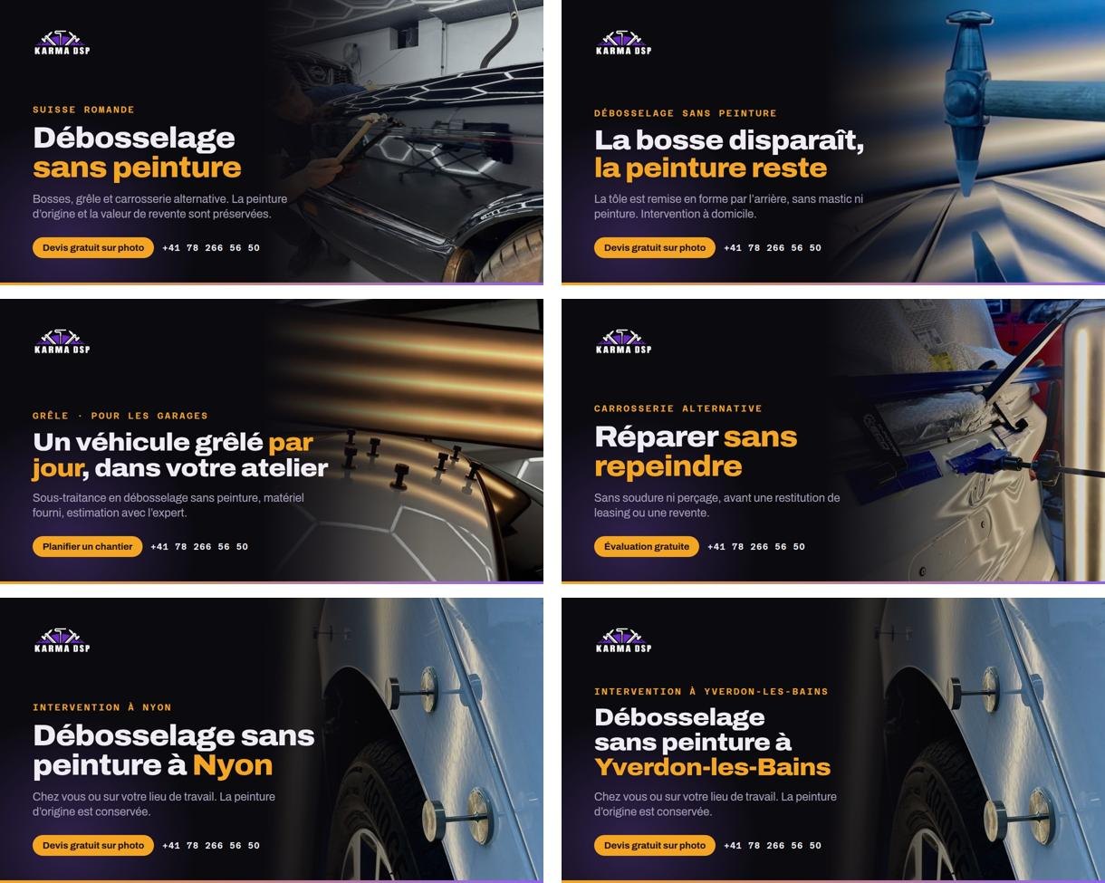 Six Karma DSP share images: services, hail for garages, and the Nyon and Yverdon-les-Bains pages