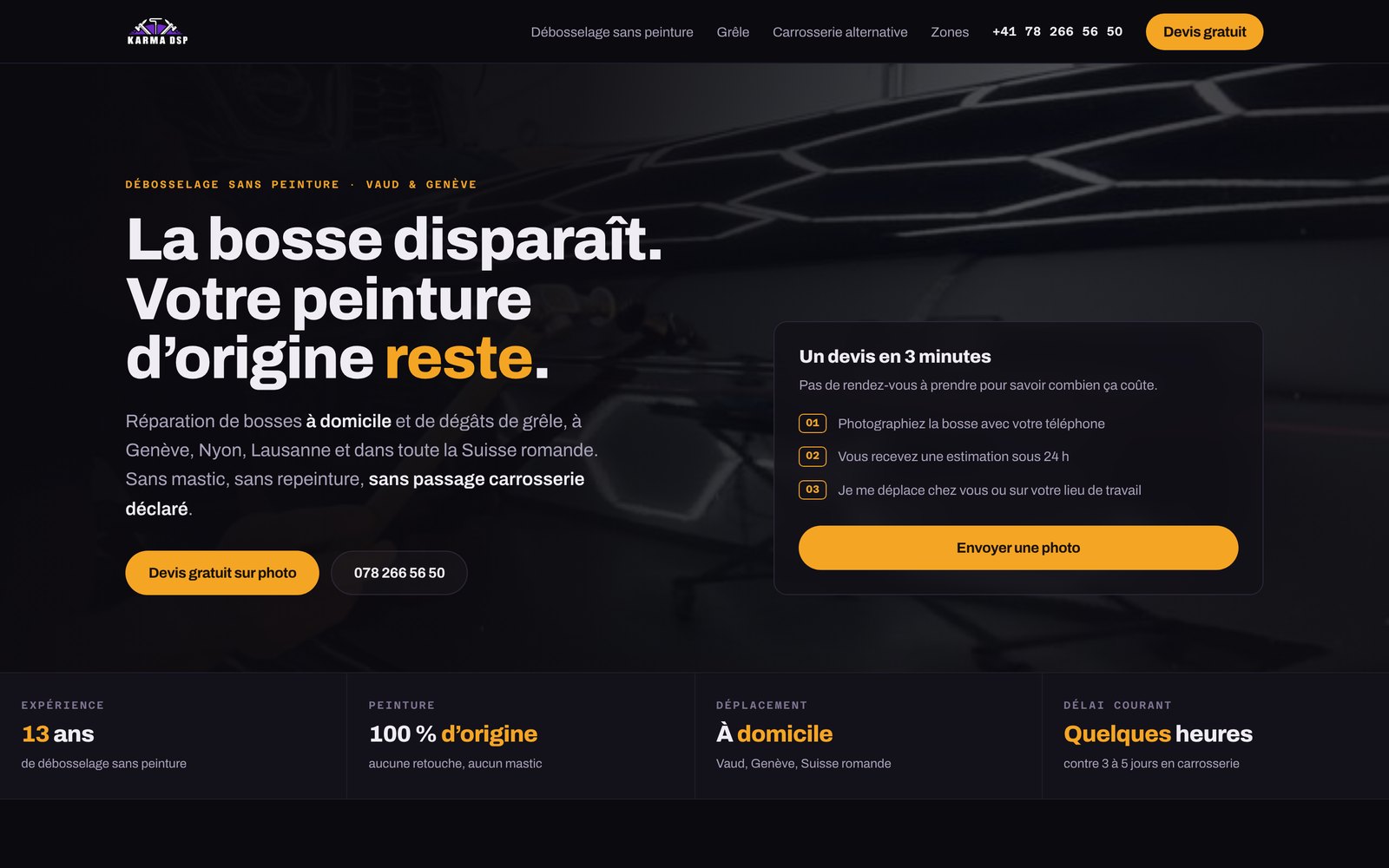 Karma DSP homepage: 'The dent disappears. Your original paint stays.', with a three-step quote by photo