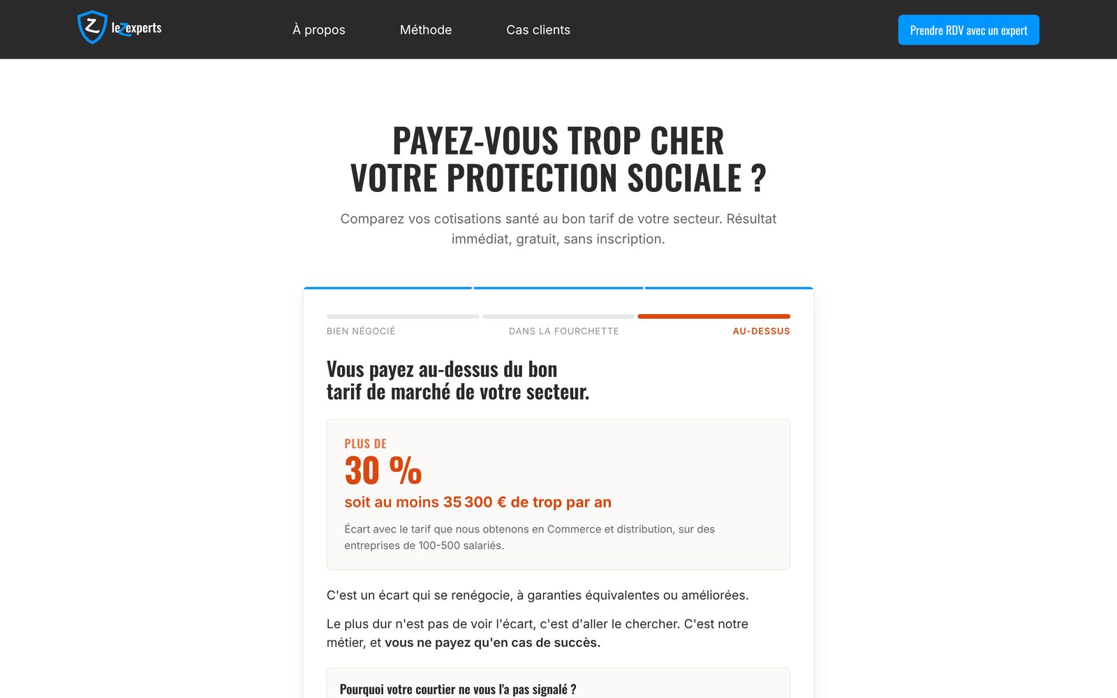 The simulator result on desktop: the gap with the market rate for the visitor's sector