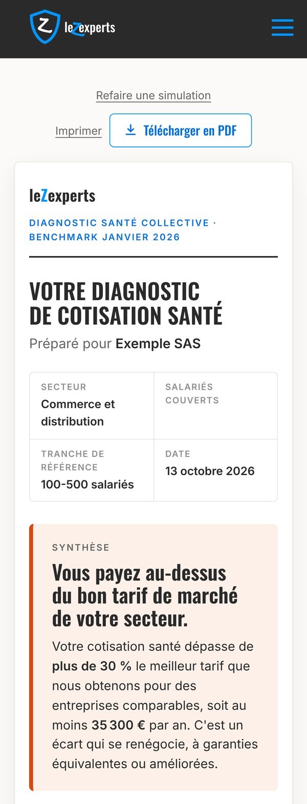 The detailed diagnostic on a phone, prepared for a fictional company